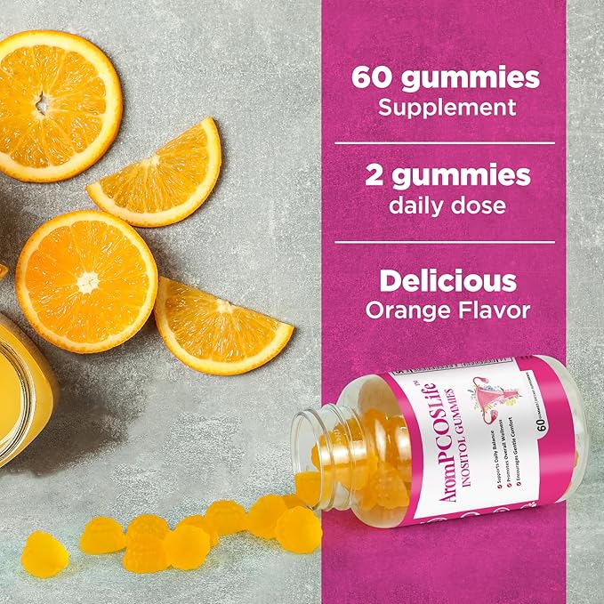 AromPCOSLife Inositol Gummies for Women, 60 Count, Myo-Inositol Supplement with Folate & Vitamins B6 & B12, Supports Daily Wellness, Orange Flavor