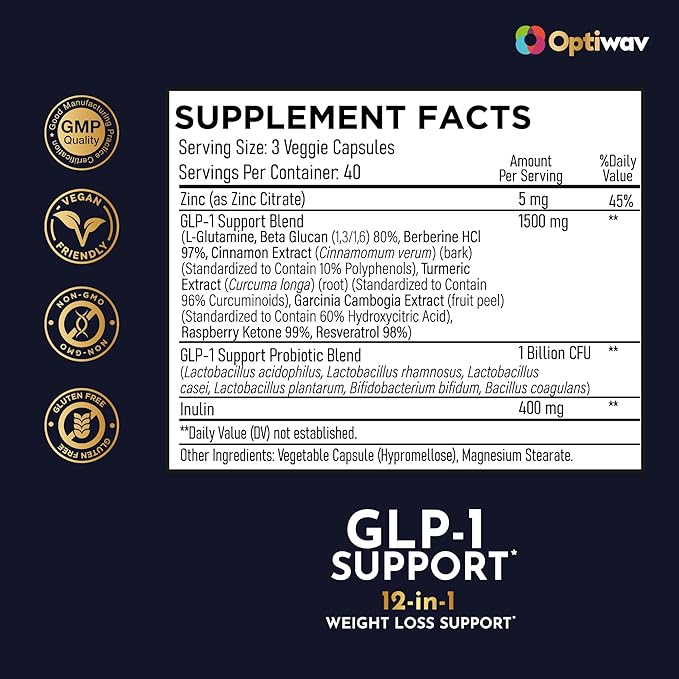 GLP-1 Support Probiotic Weight Loss Supplement - Women Men GLP1 Support with Berberine - Natural Daily Oral Appetite Suppressant Hunger Control Metabolism Fat Burn & Gut Health Support