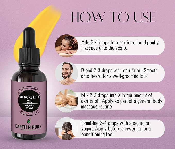 Earth N Pure Blackseed Oil (Kalonji Oil) Cold Pressed, Natural and Therapeutic Grade for Hair 30 ml