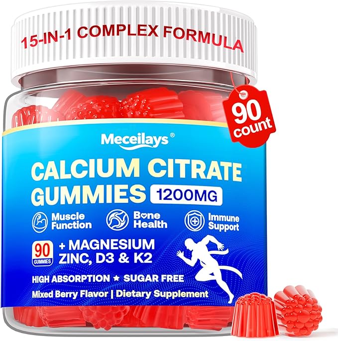 90 Count Calcium Citrate Gummies 1200 mg with Vitamin D3, K2, Magnesium & Zinc, High Absorption Calcium Supplements for Women & Men for B0ne, Muscle & Immune Support, Sugar Free, Mixed Berry Flavor