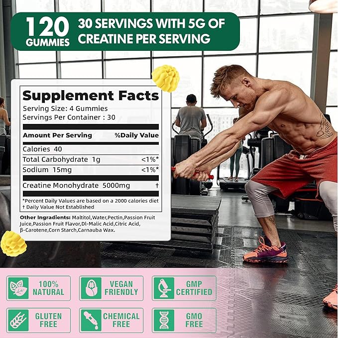 NSF Certified Creatine Gummy 5g - Creatine Monohydrate Gummies for Men & Women, Creatine Monohydrate for Muscle Strength, Muscle Builder, Energy Boost, Pre-Workout Supplement(120 Count)-Passion fruit