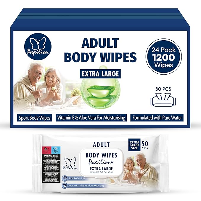 PAPILION Adult Body Cleaning Wipes, Extra Large Washcloths with Aloe Vera & Vitamin E, No-Rinse Cleansing for Senior Care, Bed Bath, Travel, Incontinence Care, Flip-Top Pack, 50 PCS x 24 Pack