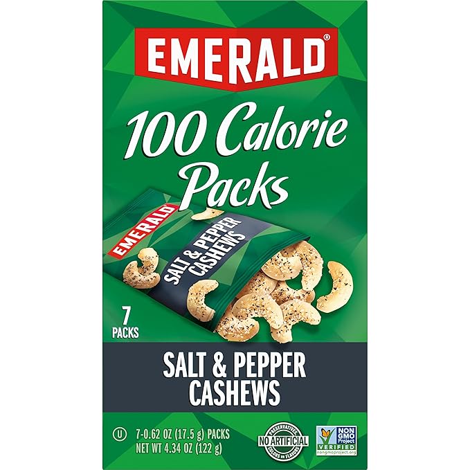 Emerald Nuts, Salt & Pepper Cashews, 100 Calorie Packs, 7 Count, 4.34 Oz (Pack of 4)