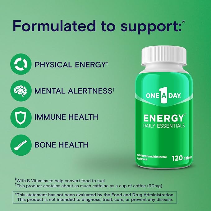 A Day Energy Daily Essentials Multivitamin, Energy Supplement to Support Mental Alertness and Immune Health with Vitamins A C, D, E, Zinc and Caffeine, 120 Count (Pack of 2)