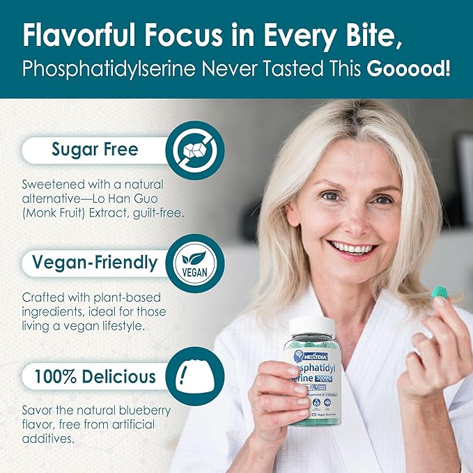 Phosphatidylserine - Nootropic Brian Supplement, Focus & Energy Gummies + Bacopa Monnieri, Omega 3, Huperzine A, Methyl B12 & B6 for Seniors, Gamers, Workers, Non-GMO, Caffeine-Free, Sugar Free,60 Cts