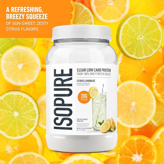 Isopure Clear Whey Isolate Protein Powder, Lactose Free, Gluten Free, Naturally Flavored, Citrus Lemonade, 20g Protein Per Serving, 1.9 Lb, 36 Servings (Packaging May Vary)