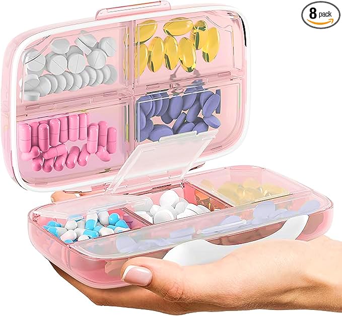 Travel Pill Organizer - Airtight Medicine Case for Traveling Portable Pharmacy Box with Labels Vitamin Container 8 Compartment Supplement Medication Holder Large Capacity Daily (Pink)