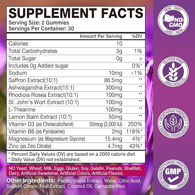 Saffron Supplements Gummies, 88.5mg Extract with Vitamin D3, B6, Magnesium, Ashwagandha, L-Theanine, Sugar-Free, Strawberry Flavor, 60 Count