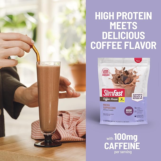 SlimFast High Protein Meal Replacement Powder, Caffeine Protein Powder, Energizing Protein Mix, Vitamin and Mineral Blend, Gluten Free, Coffee Flavored Protein Powder, Mocha Cappuccino, 21 Servings