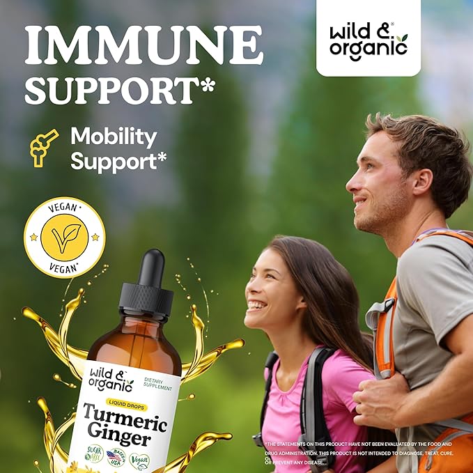 Wild & Organic Turmeric and Ginger Supplement Drops - Joint & Immune Support - Liquid Turmeric Curcumin with Black Pepper and Ginger - Curcumin Supplement - Vegan, Sugar & Alcohol-Free Tincture - 4 oz