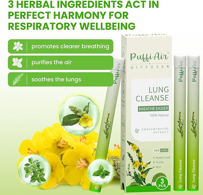 Herbal Diffuser Pen, Detox Diffuser with Mullein, Thyme & Mint for Better Breathing, All Natural Swap - Up to 600 Uses (Varies by Usage), 3 Diffusers, 1 Pack