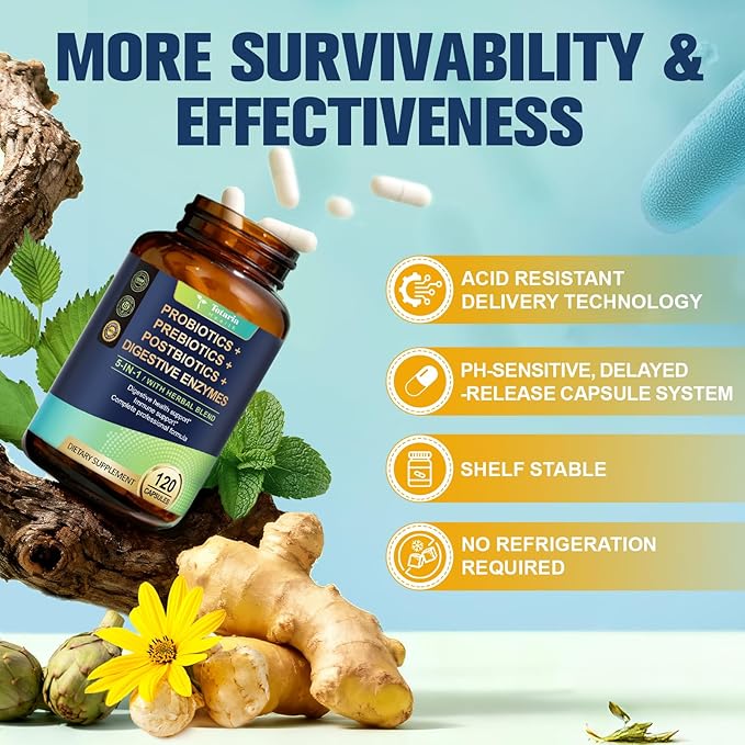 Totaria 5-in-1 Probiotic Prebiotic & Postbiotic for Women Men, 60 Billion CFU 24 Strains w/Digestive Enzymes, Prebiotic Fiber, Slippery Elm, Daily Complete Immune, Gut Health, 120 Day Supply