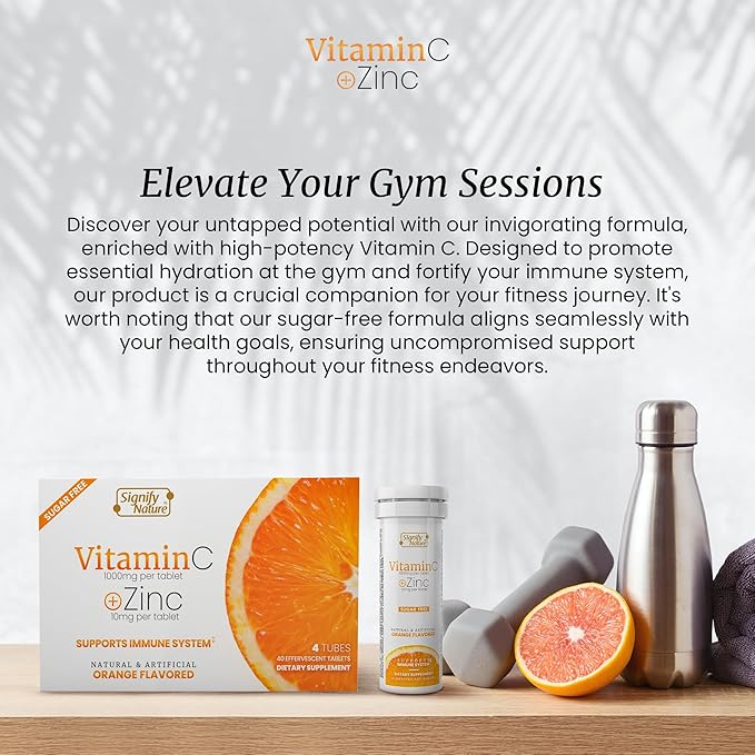 SIGNIFY NATURE Vitamin C 1000mg Effervescent Tablets - Potent Immune Support VIT C with Zinc Supplement - Sugar-Free & Vegan Formula | Dissolvable Vitamin C Tablets - Water Soluble Fizzy Elixir - 40CT