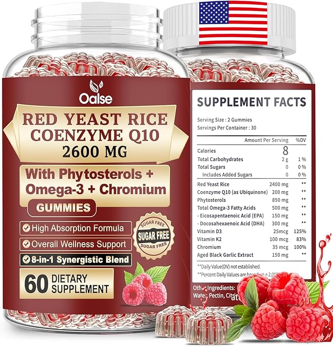 Red Yeast Rice with CoQ10 Gummies,2400mg Red Rice Yeast for Cholesterol*, CoQ10 200mg with Phytosterols, Omega - 3 & Chromium,- 60 Count, Raspberry Flavor for Women & Men