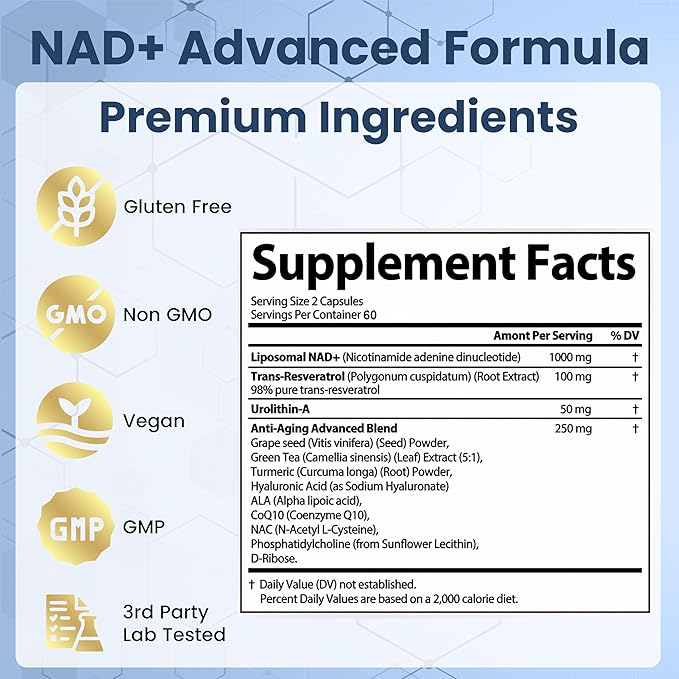 StrongVit NAD Resveratrol Supplement for Women & Men. Support Cellular Health, Energy + Healthy Aging. High Potency Blend, Plus Third-Party Lab Tested in USA (120 Capsules)