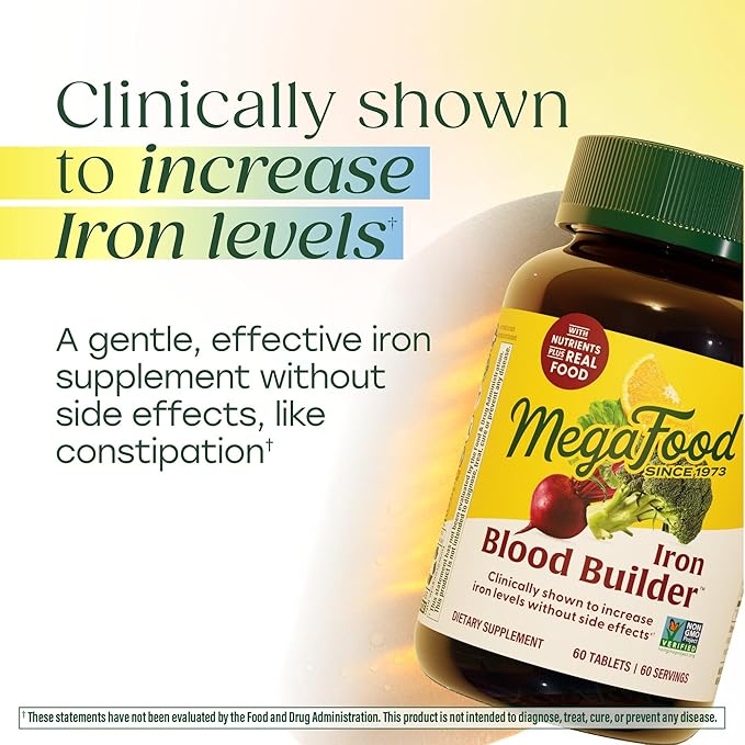 MegaFood Blood Builder - Iron Supplement Clinically Shown to Increase Iron Levels Without Side Effects - Iron Supplement for Women with Vitamin C, Vitamin B12 and Folic Acid - Vegan - 60 Tabs