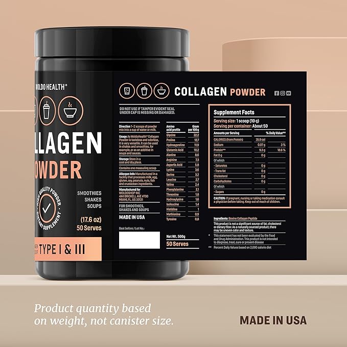 WoldoHealth Collagen Peptides Powder 50 Servings - Grass Fed & Pasture Raised, Unflavored, Dissolves Easily in Hot & Cold Drinks, Supports Hair, Skin, Nails, Bones & Joints