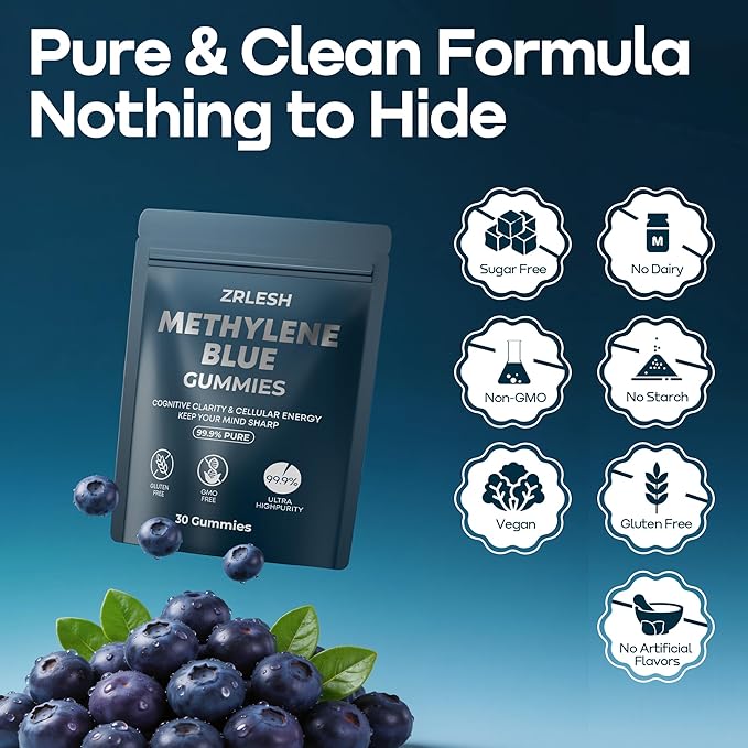 Methylene Blue Gummies, 7mg of Methylene Blue，99.9% Pure, Per Gummy for Sustained Energy,Lifted Mood,Mental Clarity, Pure, Fast-Absorbing,Vegan，30 Gummies