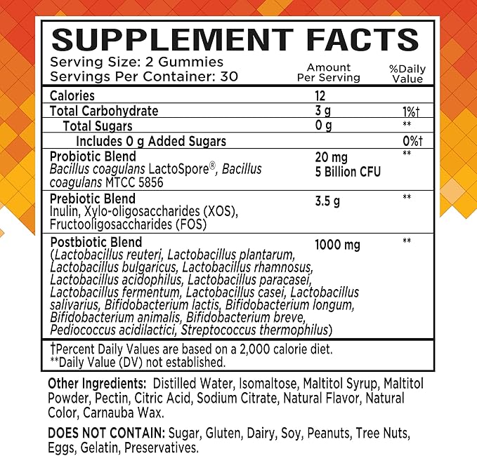 NutraPep Prebiotic Probiotic & Postbiotic Gummies for Women Men & Kids Children - High Potency 5 Billion CFU - Sugar-Free & Gluten 60 Count (Pack of 2)