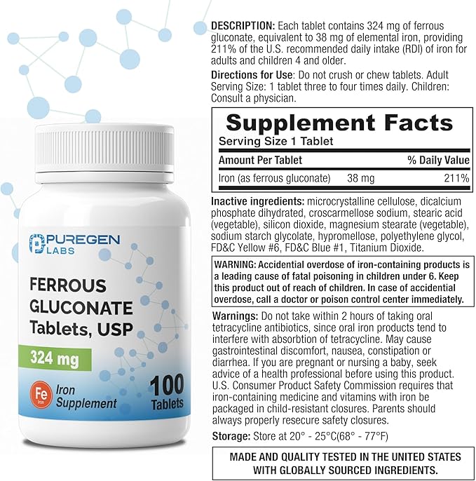 Puregen Labs Ferrous Gluconate 324 mg [High Potency] Iron Supplement, Gentle on Stomach | 3 Pack - 300 Tablets Total