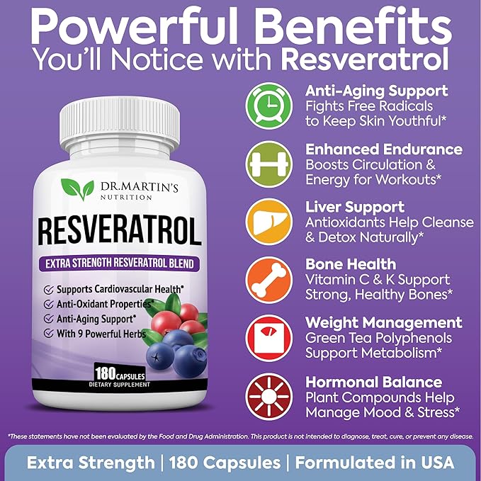 Extra Strength Resveratrol 1568mg - 180 Capsules - 3 Months Supply | Antioxidant Supplement | Natural Trans-Resveratrol Pills | for Anti-Aging, Heart Health, Immune System & Brain Function
