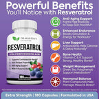 Extra Strength Resveratrol 1568mg - 180 Capsules - 3 Months Supply | Antioxidant Supplement | Natural Trans-Resveratrol Pills | for Anti-Aging, Heart Health, Immune System & Brain Function