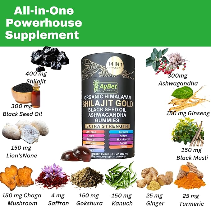 Organic Himalayan Shilajit Gold Gummies for Men and Women, Black Seed Oil, Ashwagandha, Ginseng, Turmeric, Gokshura, Lion's None, Lab Tested,%75 Fulvic Acid, No Sugar Added, Halal, 90Gummy