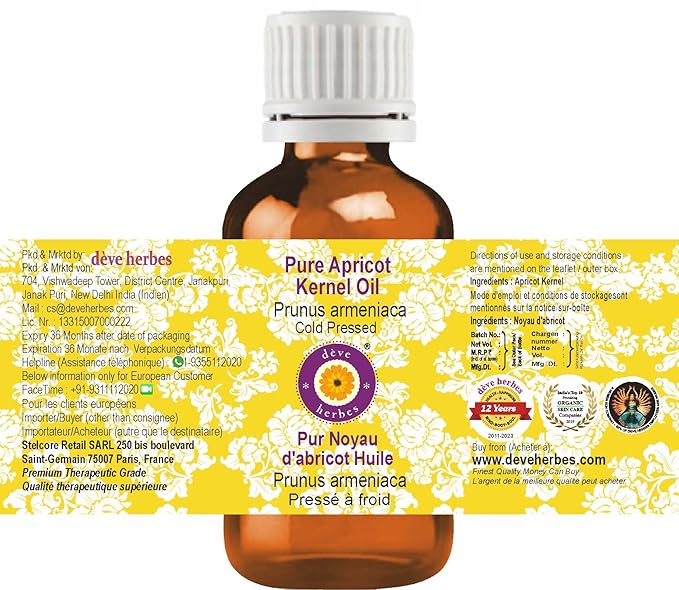 dève herbes Apricot Kernel Oil (Prunus armeniaca) | Cold Pressed | Pure | Natural | Undiluted | For Diluting Essential oils | For Skin & Massage | Non-Sticky | Lightweight | Men & Women | 30ml (1 oz)
