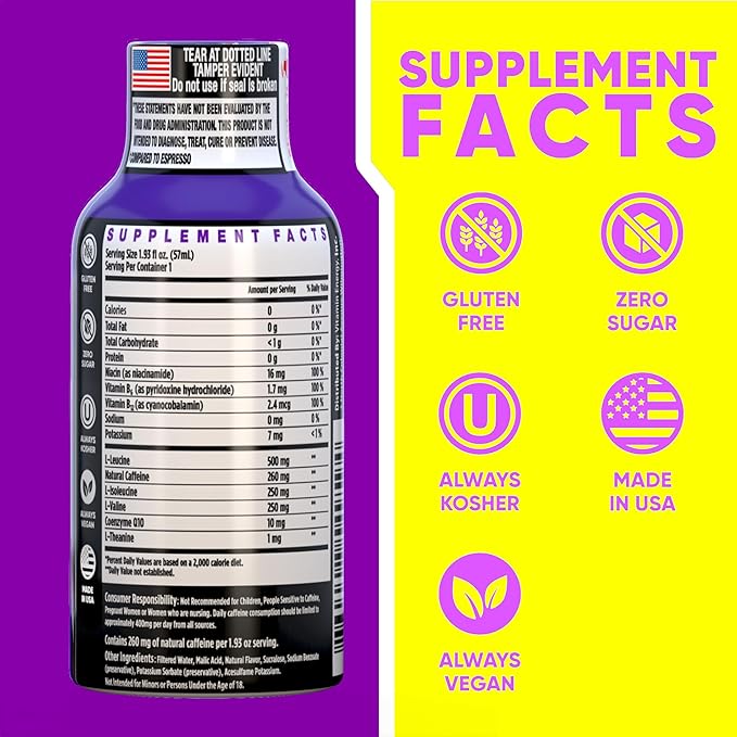 Vitamin Energy Focus+ Extra Strength Energy Shot Berry 48 Pack, 260mg Natural Caffeine, B-Vitamins, CoQ10, Amino Acids, Focus, Productivity & Clarity, Zero Sugar, Gluten-Free, 1.93 fl oz