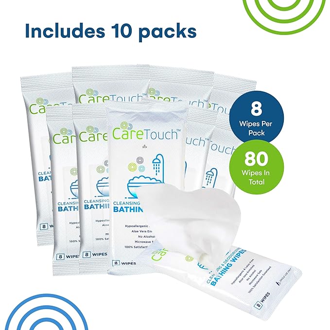 Care Touch Cleaning Wipes - Body Wipes for Adults - No Rinse, Cleansing Shower Wipes - Disposable Bathing Wipes - Great for Camping, Gym and Travel (80 Bath Wipes, 10 pack of 8 Wipes)