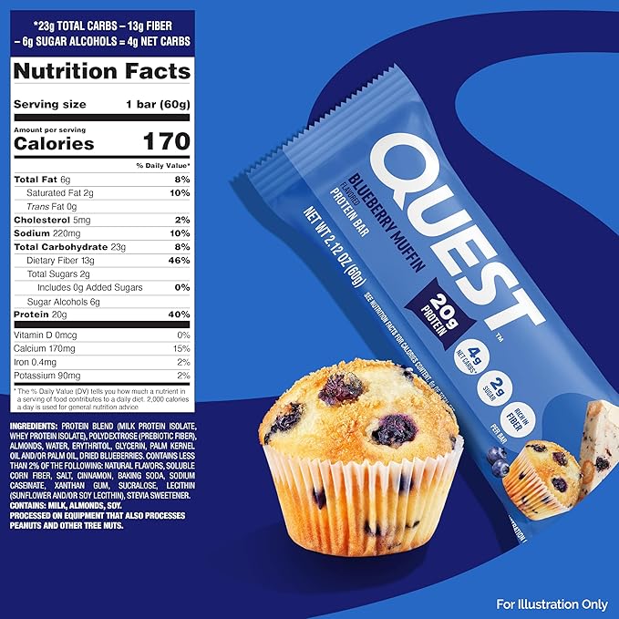 Quest Nutrition Blueberry Muffin Protein Bars, 20g Protein, 2g Sugar, 5g Net Carb, High Fiber, Gluten Free, Keto Friendly, 12 Count