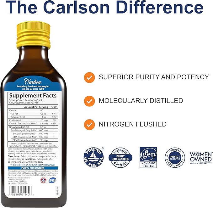 Carlson - The Very Finest Fish Oil, 1600 mg Omega-3s, Liquid Fish Oil Supplement, Norwegian Fish Oil, Wild-Caught, Sustainably Sourced Fish Oil Liquid, Lemon, 200ml, 6.7 Fl Oz
