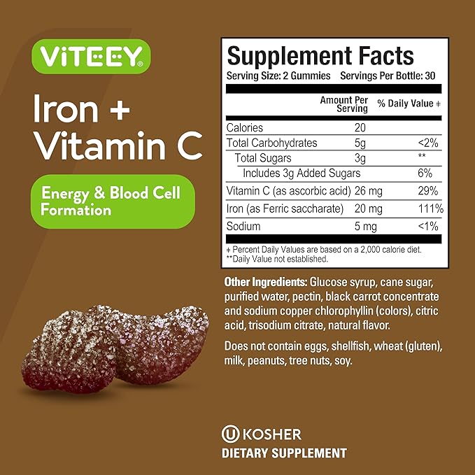 Viteey Iron Gummies - Iron with Vitamin C - Energy, Bood Support and Anemia Supplement for Women & Men - Vegan, Gluten Free - 60 Count