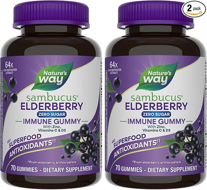 Nature's Way Sambucus Zero Sugar Immune Gummies,Daily Immune Support*,Black Elderberry Extract,Vitamin C,Vitamin D3,Zinc,Sugar Free,Sugar-Alcohol Free,Plant-Based Sweeteners,70 Gummies,(Pack of 2)