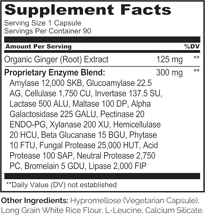 NATURELO Digestive Enzymes - Full Spectrum Support with a Broad Blend of 15 Enzymes Plus Ginger - 90 Vegan Capsules
