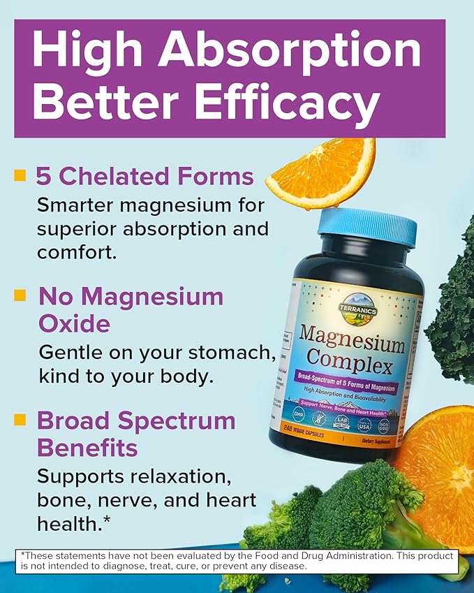 Terranics 5-in-1 Magnesium Complex Supplement 500mg - 5 Forms High Absorption Magnesium Glycinate Citrate Malate Aspartate Gluconate for Sleep Heart Health - Non-GMO 240 Vegan Capsules