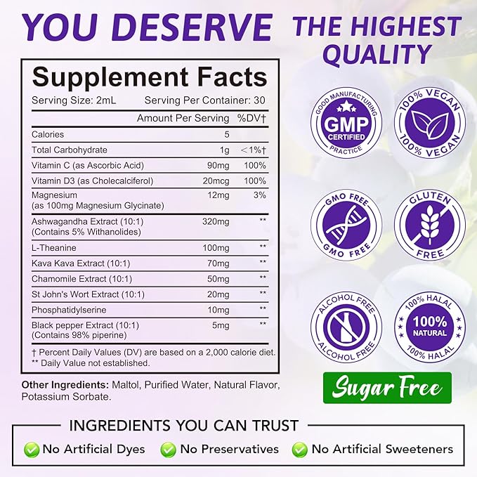 Cortisol Supplements for Women & Men, Cortisol Reducer, Support Hormone Balance, Mood, Focus & Sleep, 10 in 1 Cortisol Drops with Magnesium, Ashwagandha, L-theanine, Blueberry Flavor (1)