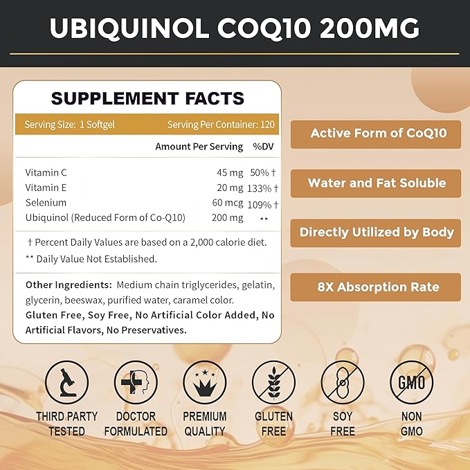 ZEBORA Ubiquinol CoQ10 200mg Softgels, 4-in-1 Powerful Antioxidant for Heart and Vascular Health, Essential for Energy Production, Max Absorption Active Form of CoQ10, 120 Softgels