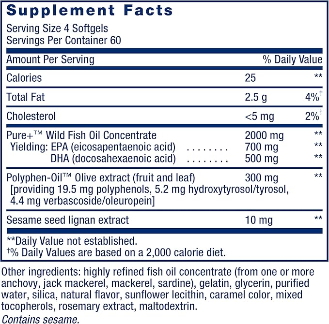 Life Extension Super Omega-3 EPA/DHA Fish Oil, Sesame Lignans & Olive Extract – Heart Health, Brain Health, Inflammation Health Support, Gluten-Free, Easy to Swallow, Non-GMO, 240 Softgels