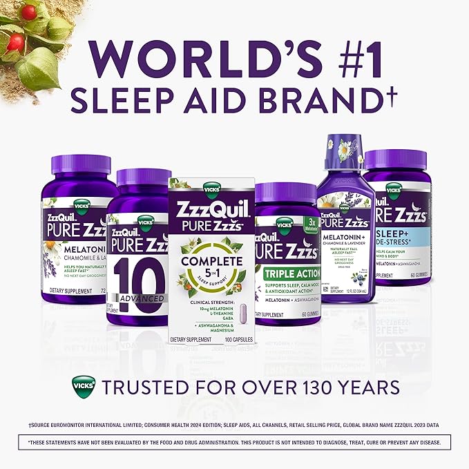 ZzzQuil Pure Zzzs Complete Sleep,Melatonin 10mg,L-Theanine,GABA,with Ashwagandha,and Magnesium,Melatonin Sleep Aid,100 Count (Pack of 2)