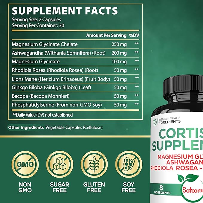 Satoomi 8in1 Cortisol Manager with Magnesium Glycinate, Ashwagandha, Rhodiola Rosea, Lions Mane & More - Cortisol Reducer Supplement Men & Women - 60 Capsules