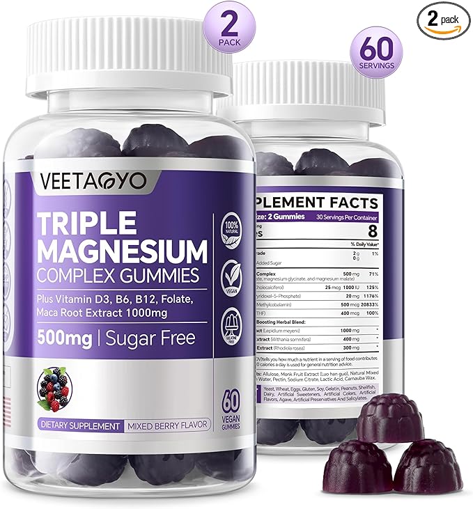 VEETAGYO Magnesium Gummies 500mg 400mg | High Absorption, Bone, Nerves, Muscle | 3 Forms of Magnesium Complex Supplement Glycinate,Taurate,Malate | Adults - Vegan,Sugar Free,120Cts