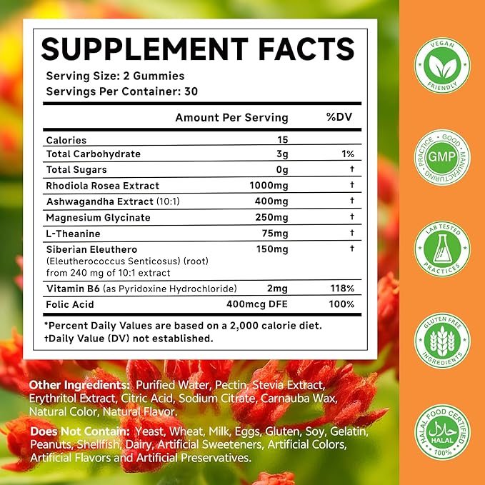 Rhodiola Rosea Gummies for Adults & Kids-Adaptogenic Herb-Daily Wellness, Emotions, Slumber Support, with Ashwagandha, Magnesium Glycinate, Siberian Eleuthero Supplements for Women & Men, 60 Count