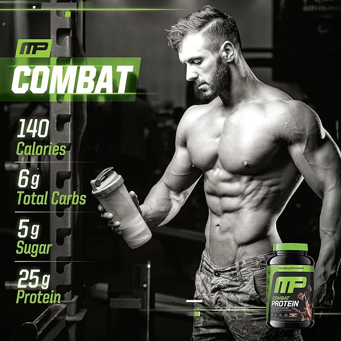 Muscle Pharm Combat Protein Powder, Chocolate Milk Flavor, Fuels Muscles for Productive Workouts, 5 Protein Sources Including Whey Protein Isolate & Egg Albumin, Gluten Free, 2 lb, 24 Servings