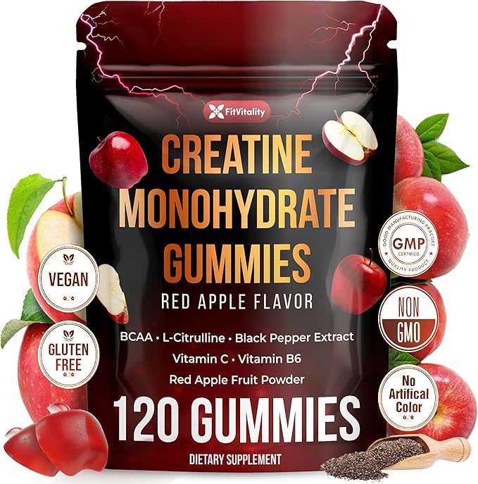 Premium 120 Creatine Gummies - Formulation with Creatine Monhydrate, Vitamin C & B6 - Vegan, Non-GMO, Sugar-Free, Red Apple Flavor