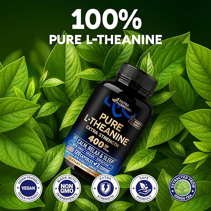 L Theanine 400 mg | L-Theanine Stress Relief | Extra Strength Supplement | Made in USA | Relaxation, Sleep & Calm Support | For Men & Women | Plant Based, Non-GMO & Gluten-Free | 120 Vegan Capsules