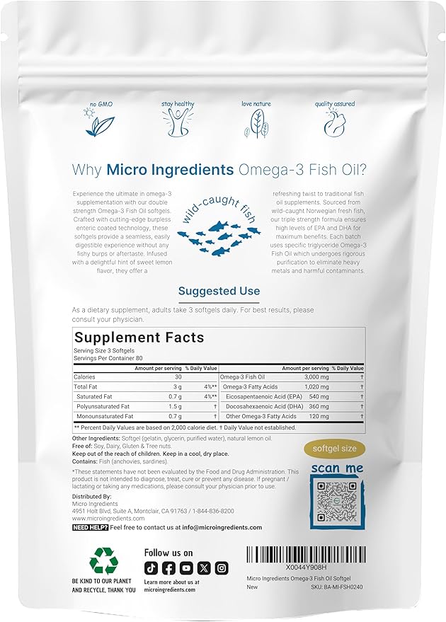 Micro Ingredients Omega 3 Fish Oil Supplements 3,000mg Per Serving, 240 Softgels | Lemon Flavored – Burpless | EPA 540mg + DHA 360mg | Deep Sea Fish