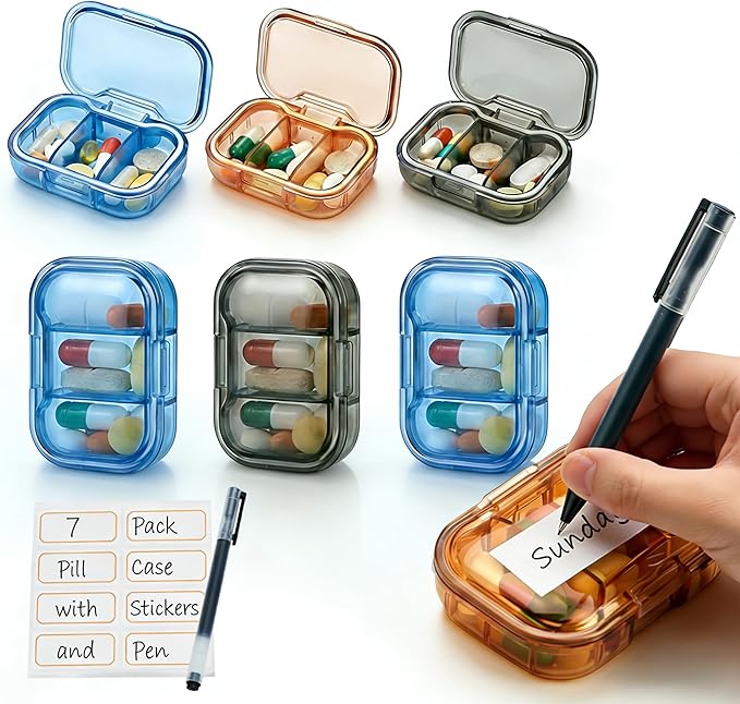 7 Pack 3 Compartment Small Pill Box, Portable Pill Case for Purse and Pocket, Moisture Proof Travel Pill Organizer for Medicine, Vitamins and Fish Oil, Small Pill Organizer Travel Case