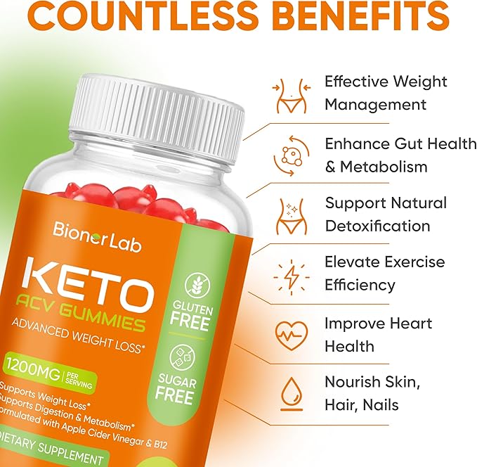 BionerLab Keto ACV Gummies for Advanced Weight Loss Rapid Belly Fat Burn - Sugar Gluten Free Pro Active Super Apple Cider Vinegar Diet Supplement for Men Women - Digestion Metabolism Hair Skin Health