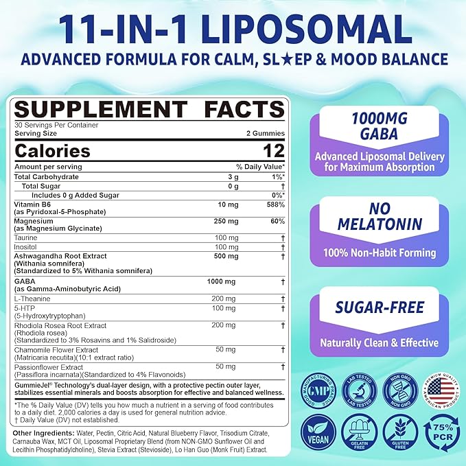 GABA Gummies 1000mg - Liposomal Calm Mood Gummies with L-Theanine, Magnesium Glycinate, Ashwagandha, 5htp, Inositol, Melatonin-Free for Zzz Better, GABA Supplements for Adult, Sugar-Free 60Cts